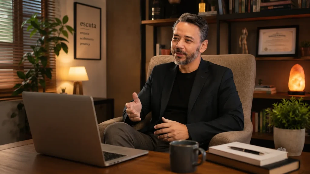terapeuta em uma psicanálise online em seu consultório