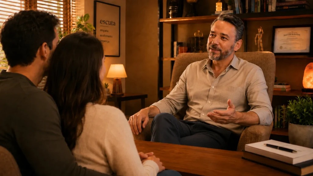 Terapia de casal com o terapeuta e um casal
